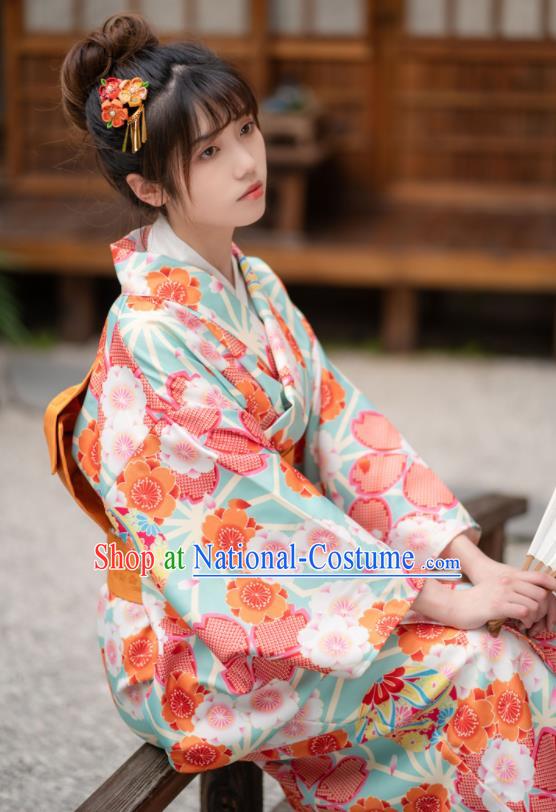 Japan Traditional Summer Festival Kimono Costume Hanabi Taikai Printing Sakura Light Green Yukata Dress Young Lady Fashion Garment