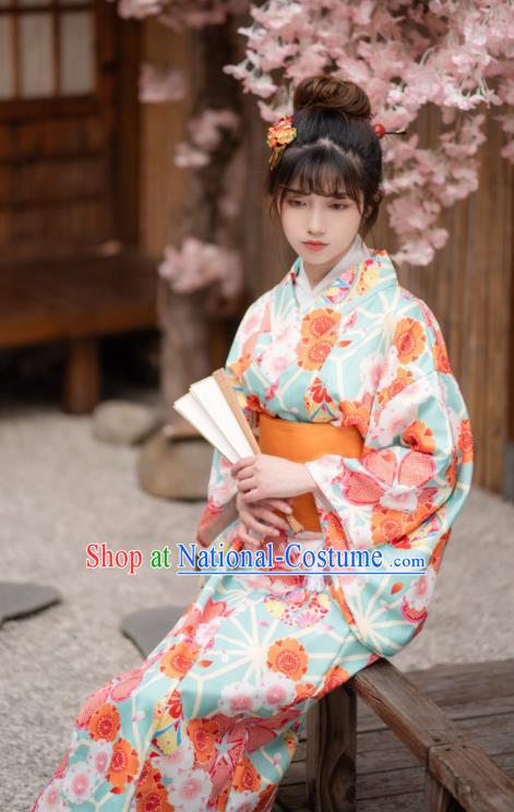 Japan Traditional Summer Festival Kimono Costume Hanabi Taikai Printing Sakura Light Green Yukata Dress Young Lady Fashion Garment