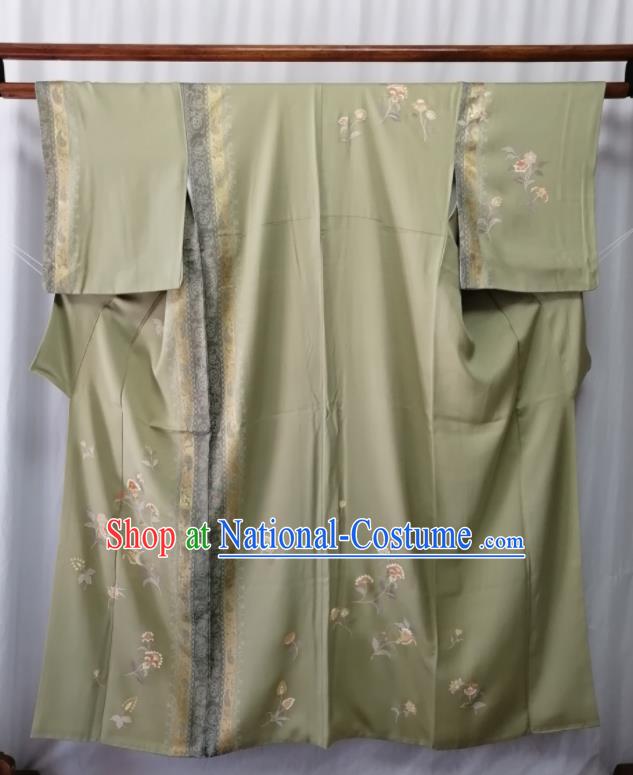 Japan Traditional Green Silk Tsukesage Kimono Clothing Orthodox Garment Costume Court Woman Printing Flowers Yukata Dress