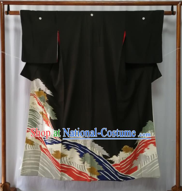 Asian Stage Performance Apparel Traditional Black Yukata Robe Japanese Male Kurotomesode Kimono Clothing