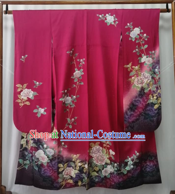 Japan Traditional Peony Pattern Furisode Kimono Clothing Orthodox Wedding Garment Costume Kyoto Rosy Yukata Dress