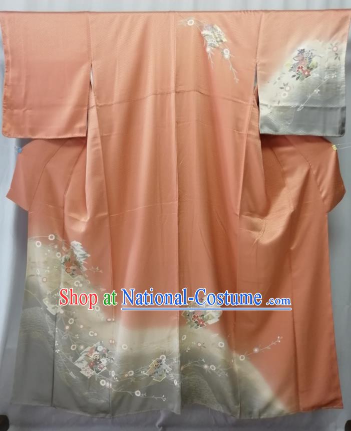 Japan Court Woman Garment Costume Kyoto Embroidered Orange Yukata Dress Traditional Pattern Tsukesage Kimono Clothing