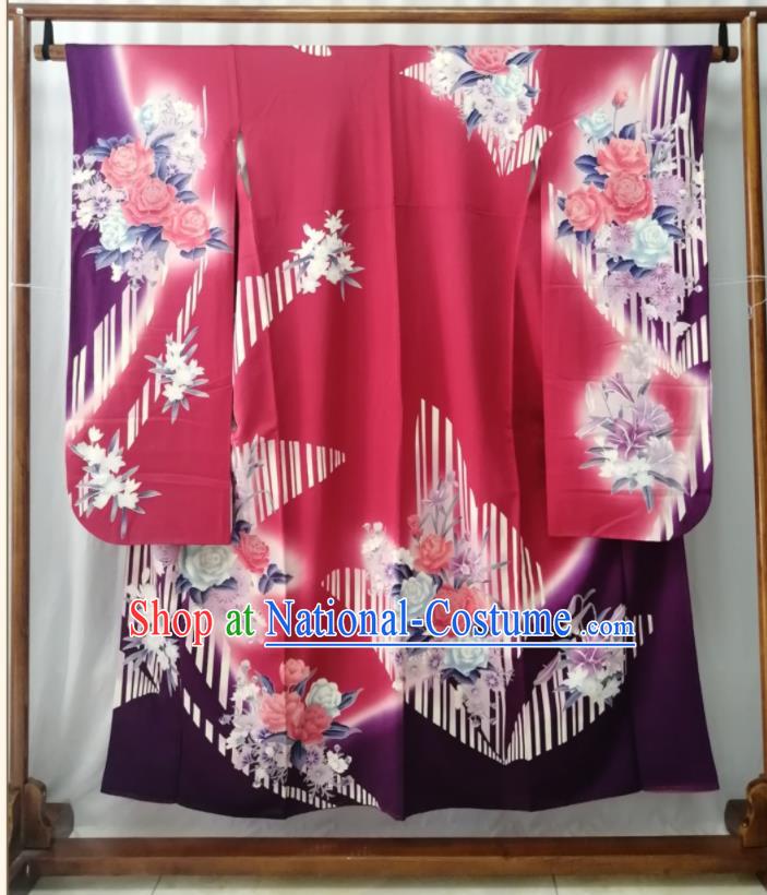 Japan Traditional Rose Pattern Furisode Kimono Clothing Court Woman Garment Costume Kyoto Rosy Yukata Dress