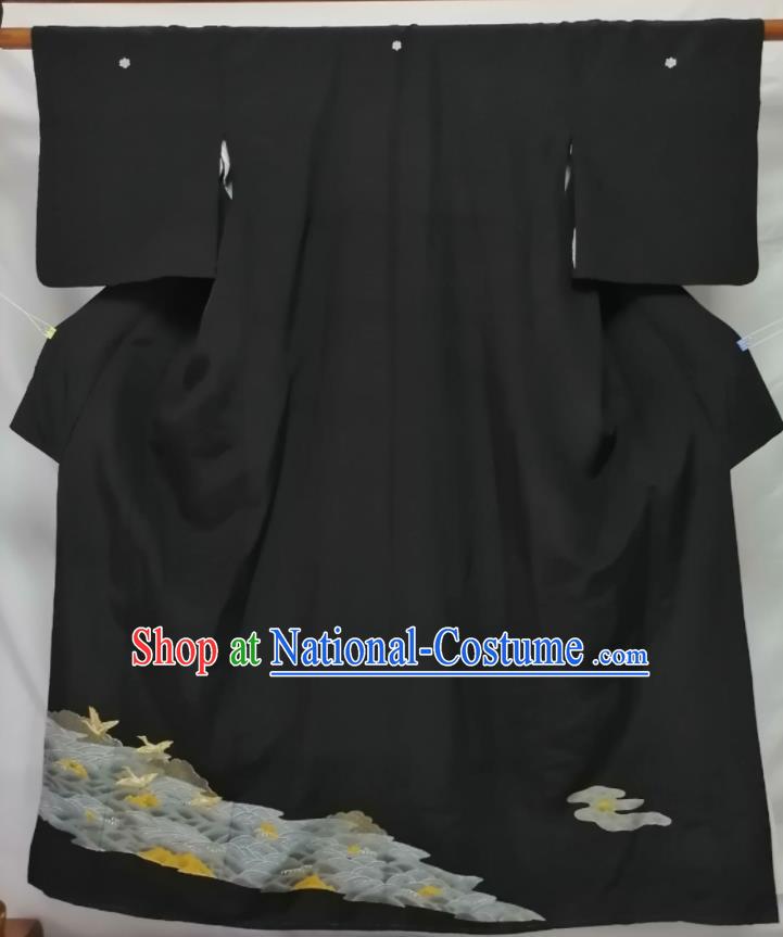 Japanese Male Kurotomesode Kimono Clothing Asian Stage Performance Apparel Traditional Embroidered Black Yukata Robe