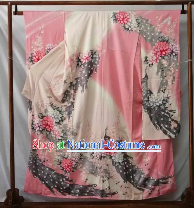 Japan Court Queen Garment Costume Kyoto Pink Silk Yukata Dress Traditional Peacock Pattern Furisode Kimono Clothing