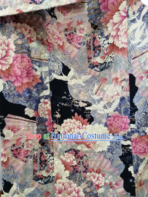 Japan Traditional Peony Pattern Furisode Kimono Clothing Court Queen Garment Costume Kyoto Black Yukata Dress