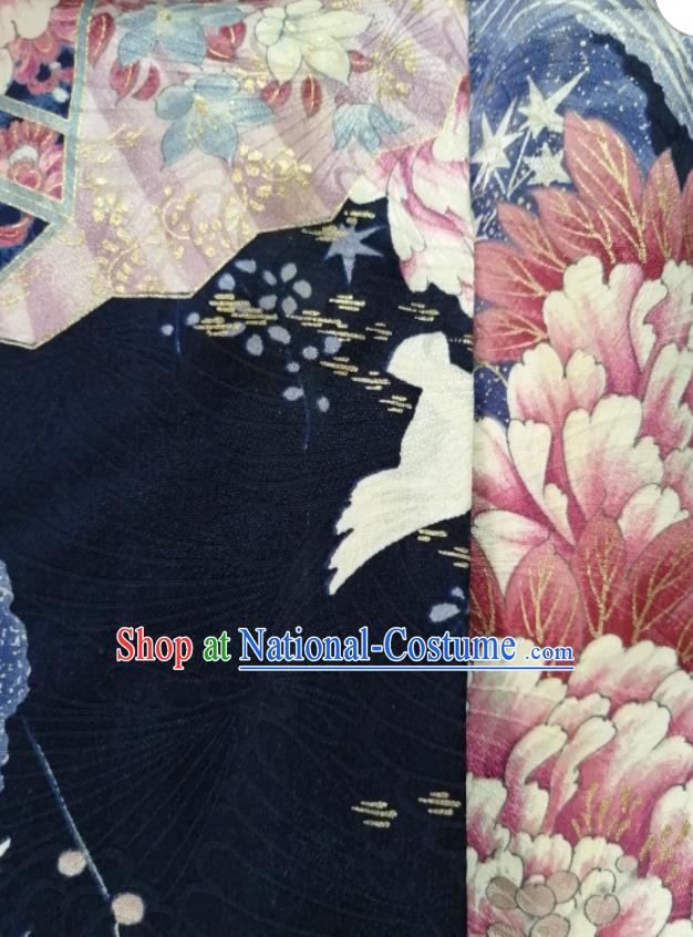 Japan Traditional Peony Pattern Furisode Kimono Clothing Court Queen Garment Costume Kyoto Black Yukata Dress