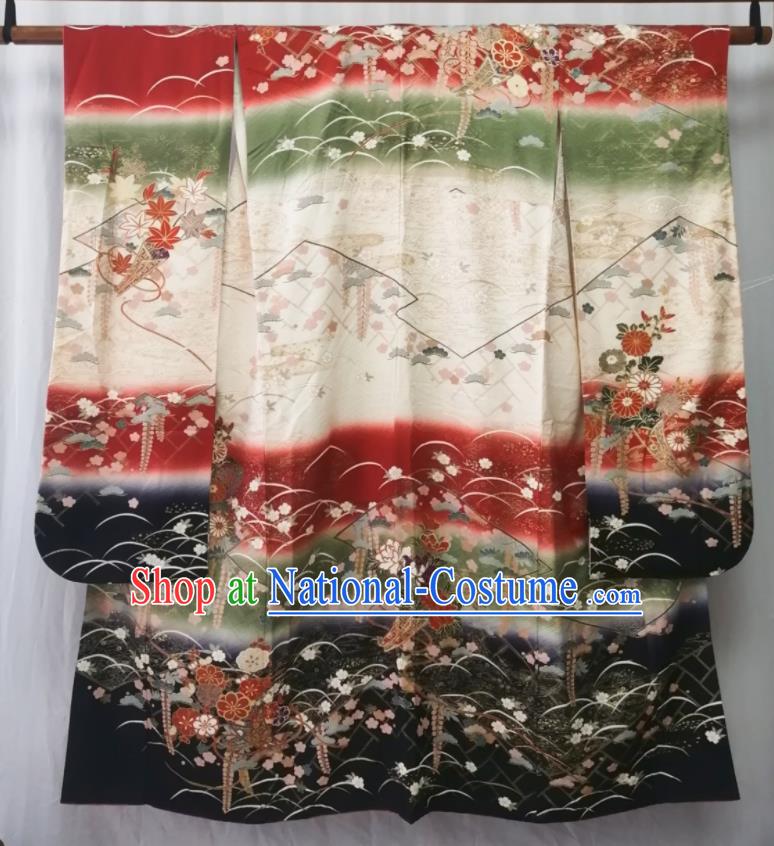 Japan Kyoto Wedding Silk Yukata Dress Traditional Flowers Pattern Furisode Kimono Clothing Court Queen Garment Costume