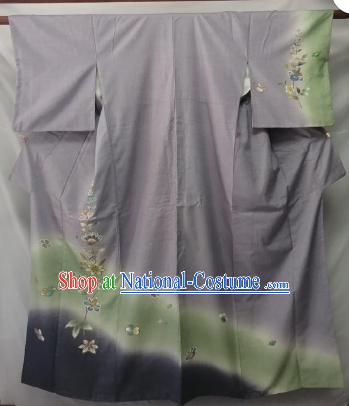 Asian Stage Performance Apparel Japanese Traditional Grey Yukata Robe Male Tsukesage Kimono Clothing