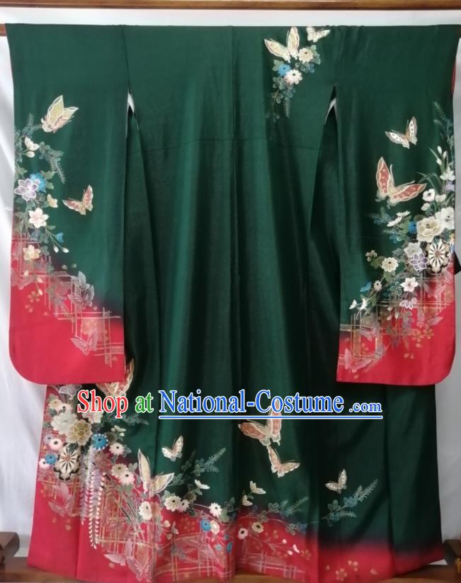 Japan Empress Garment Costume Kyoto Deep Green Silk Yukata Dress Traditional Butterfly Pattern Furisode Kimono Clothing