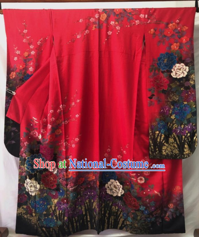 Japan Kyoto Wedding Red Yukata Dress Traditional Peony Pattern Furisode Kimono Clothing Court Empress Garment Costume