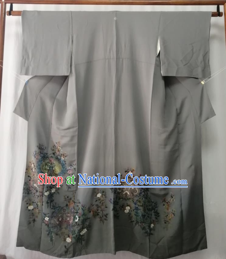 Japan Orthodox Garment Costume Kyoto Embroidered Grey Yukata Dress Traditional Tsukesage Kimono Clothing