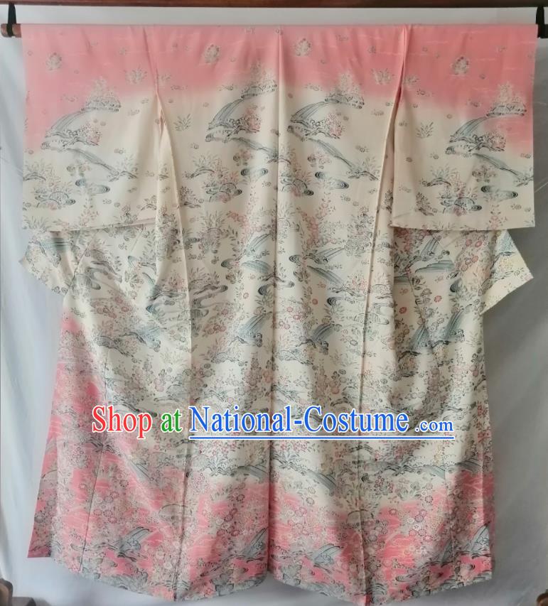 Japan Kyoto Printing Yukata Dress Traditional Sakura Pattern Tsukesage Kimono Clothing Young Woman Garment Costume