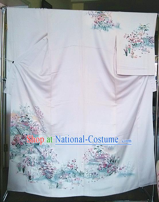 Japan Young Woman Wafuku Garment Costume Tokyo Beige Yukata Dress Traditional Landscape Pattern Homongi Kimono Clothing