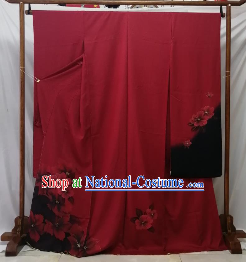 Japan Traditional Hibiscus Pattern Furisode Kimono Clothing Young Woman Garment Costume Kyoto Printing Red Yukata Dress