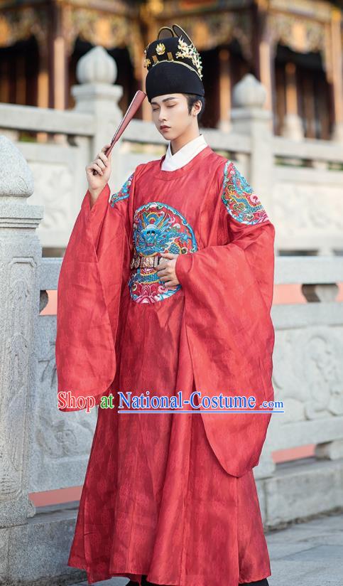 China Ming Dynasty Emperor Garment Costume Traditional Embroidered Red Dragon Robe Ancient Official Hanfu Clothing