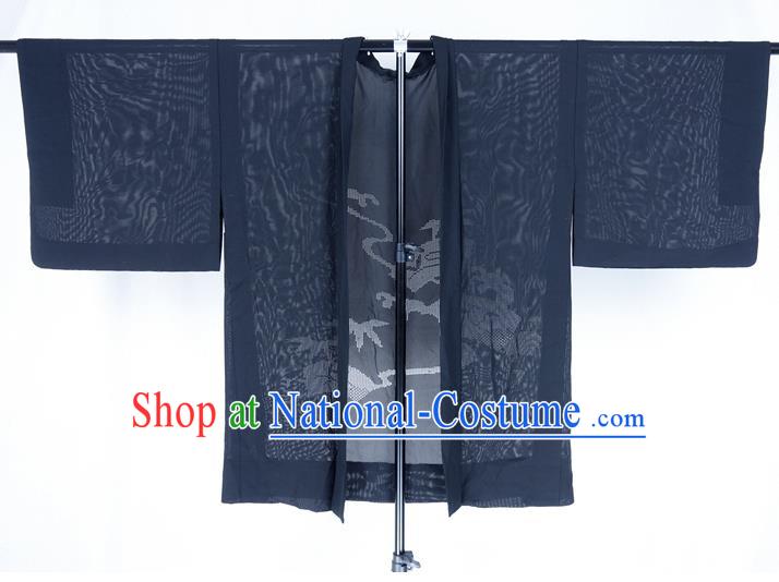 Japanese Classical Bamboo Pattern Overcoat Apparel Male Haori Outer Garment Clothing Traditional Black Silk Kimono Jacket