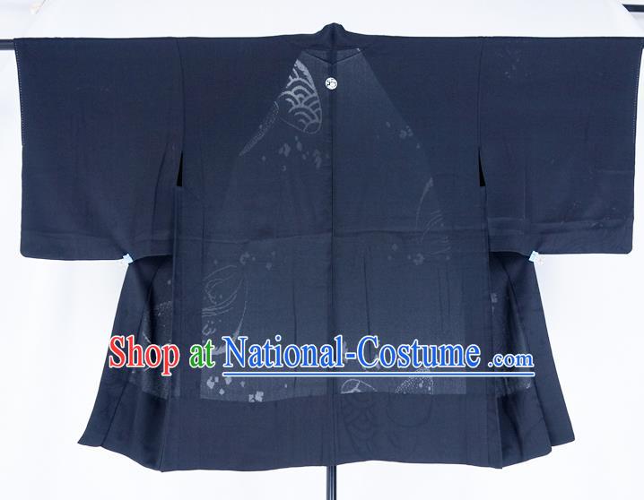 Japanese Male Haori Outer Garment Clothing Traditional Kimono Overcoat Jacket Classical Pattern Navy Silk Apparel