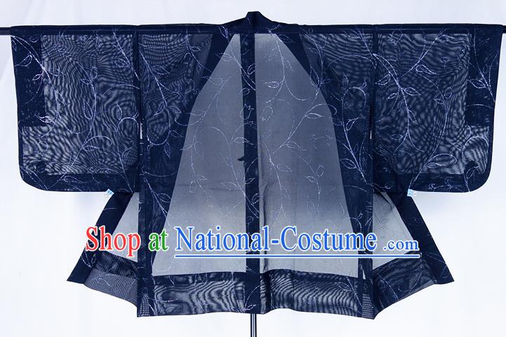 Japanese Classical Pattern Black Silk Apparel Male Haori Outer Garment Clothing Traditional Kimono Overcoat Jacket