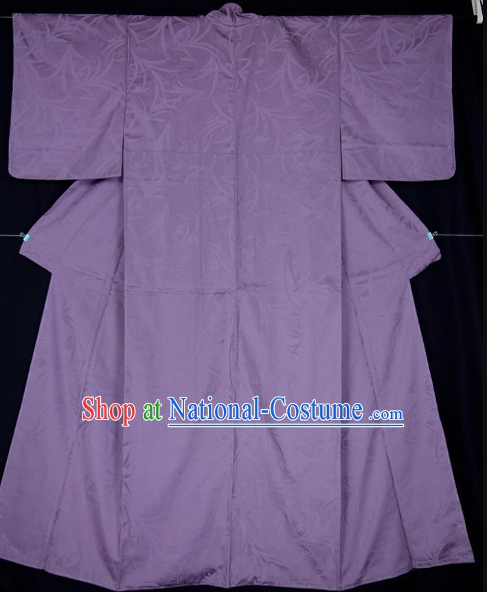 Japan Elderly Woman Garment Costume Traditional Purple Silk Yukata Dress Classical Branch Pattern Iromuji Kimono Clothing