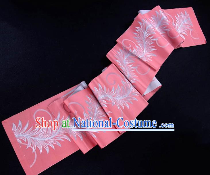 Japanese Traditional Yukata Pink Silk Belt Classical Pteris Pattern Waistband Kimono Dress Corset Accessories