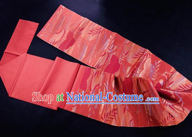 Japanese Traditional Yukata Pink Brocade Belt Classical Leaf Pattern Nagoya Waistband Kimono Dress Corset Accessories