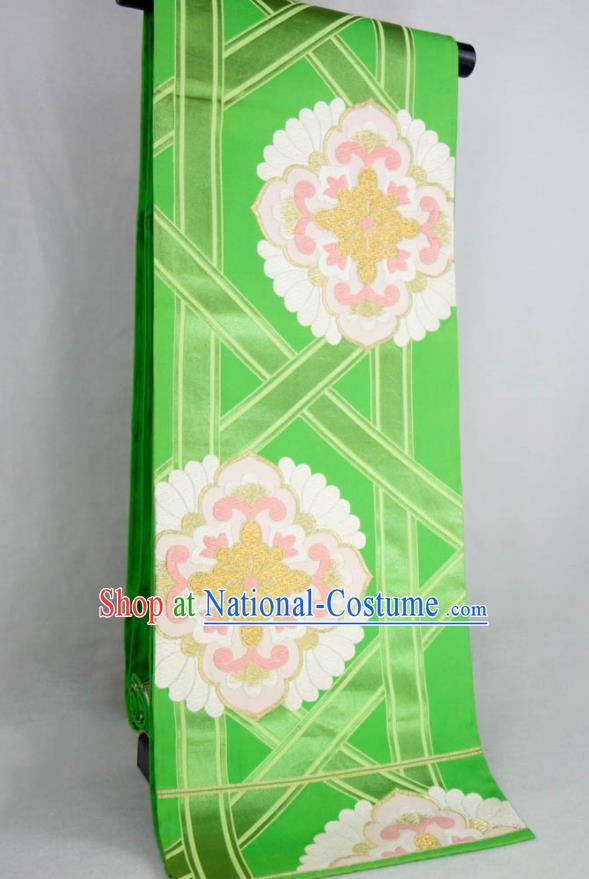 Japanese Kimono Dress Corset Accessories Traditional Yukata Green Brocade Belt Classical Peony Pattern Waistband