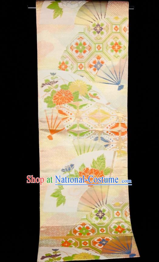 Japanese Classical Peony Fan Pattern Wafuku Waistband Kimono Dress Corset Accessories Traditional Yukata Robe Beige Brocade Belt