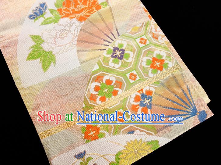 Japanese Classical Peony Fan Pattern Wafuku Waistband Kimono Dress Corset Accessories Traditional Yukata Robe Beige Brocade Belt