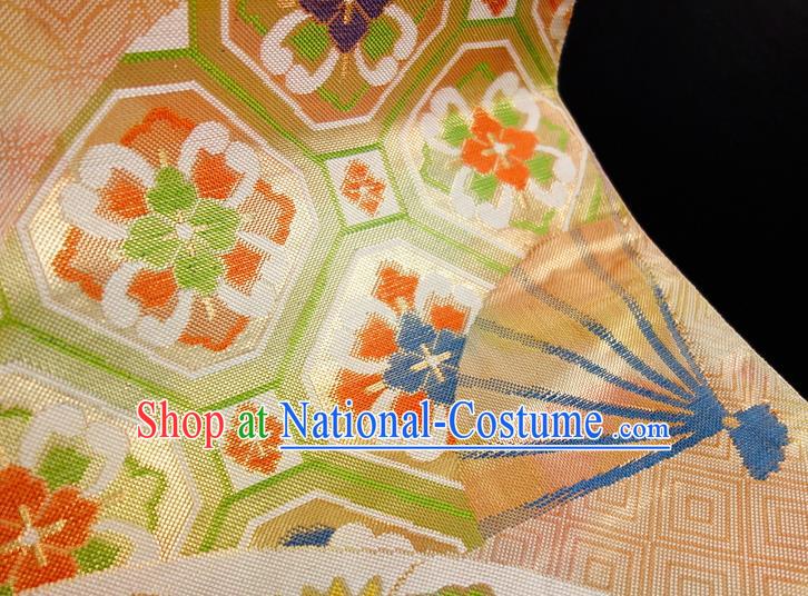 Japanese Classical Peony Fan Pattern Wafuku Waistband Kimono Dress Corset Accessories Traditional Yukata Robe Beige Brocade Belt