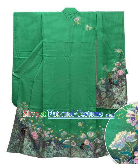 Japan Classical Daisy Pattern Furisode Kimono Clothing Wedding Garment Costume Traditional Bride Green Yukata Dress