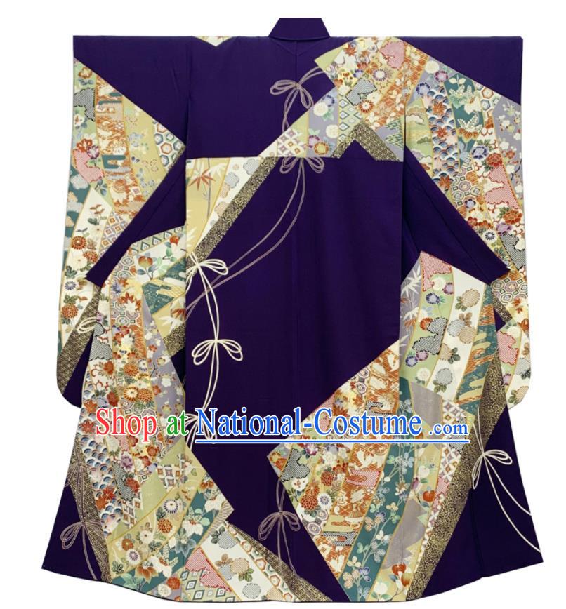 Japan Classical Flowers Pattern Furisode Kimono Clothing Wedding Bride Garment Costume Traditional Court Purple Yukata Dress