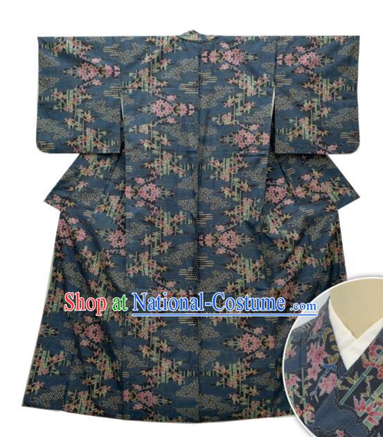 Japan Traditional Navy Yukata Dress Classical Bamboo Leaf Pattern Edo Komon Kimono Clothing Elderly Woman Garment Costume