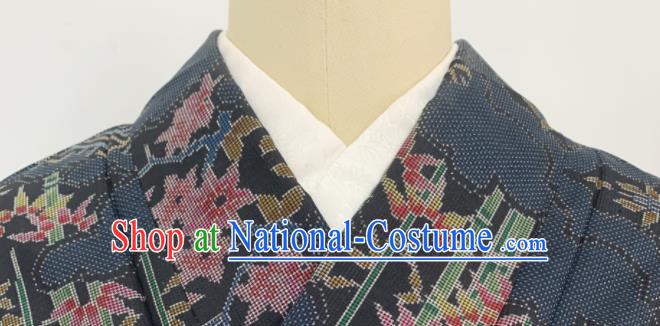 Japan Traditional Navy Yukata Dress Classical Bamboo Leaf Pattern Edo Komon Kimono Clothing Elderly Woman Garment Costume