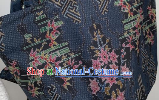 Japan Traditional Navy Yukata Dress Classical Bamboo Leaf Pattern Edo Komon Kimono Clothing Elderly Woman Garment Costume