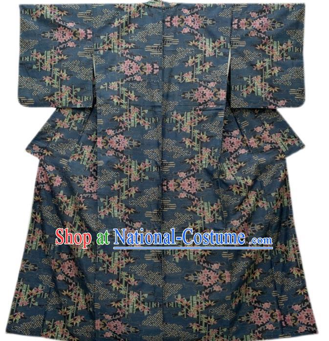 Japan Traditional Navy Yukata Dress Classical Bamboo Leaf Pattern Edo Komon Kimono Clothing Elderly Woman Garment Costume