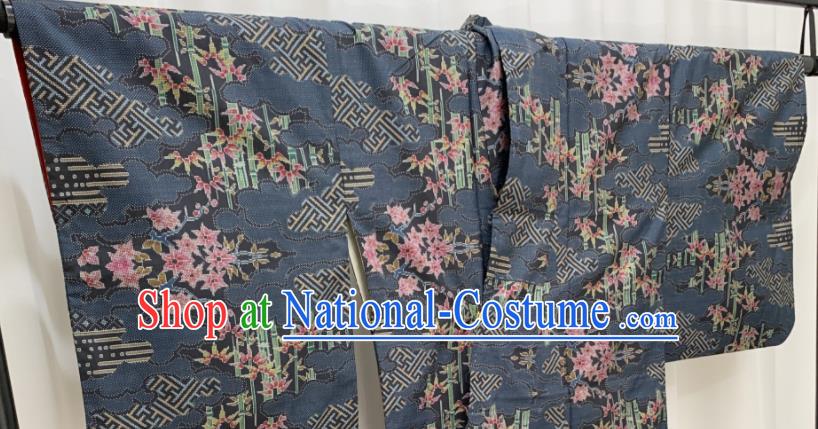 Japan Traditional Navy Yukata Dress Classical Bamboo Leaf Pattern Edo Komon Kimono Clothing Elderly Woman Garment Costume