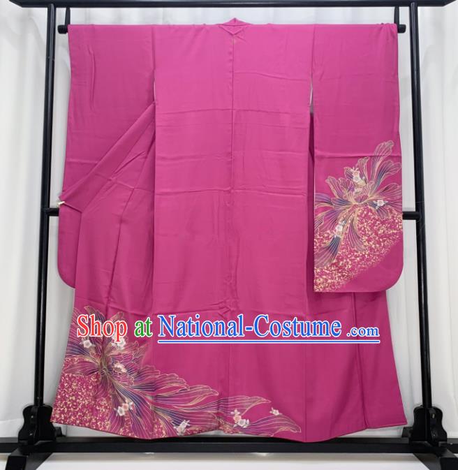 Japan Traditional Court Pink Yukata Dress Classical Flowers Pattern Furisode Kimono Clothing Wedding Bride Garment Costume