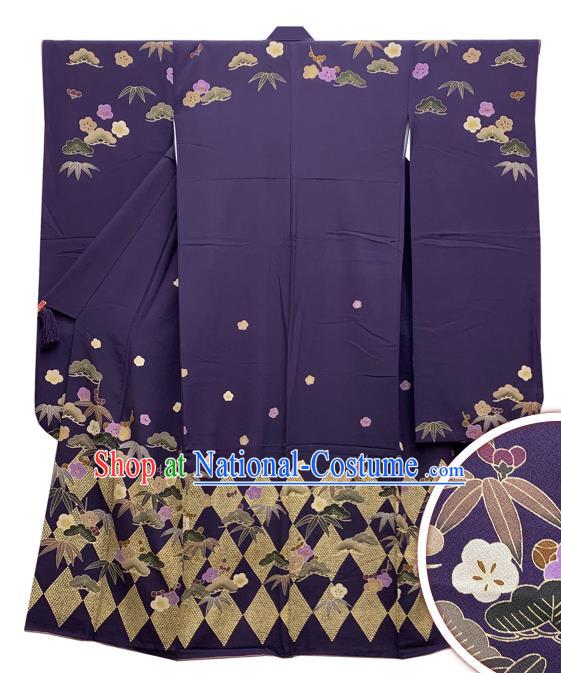 Japan Elderly Woman Garment Costume Traditional Purple Yukata Dress Classical Bamboo Plum Pattern Furisode Kimono Clothing