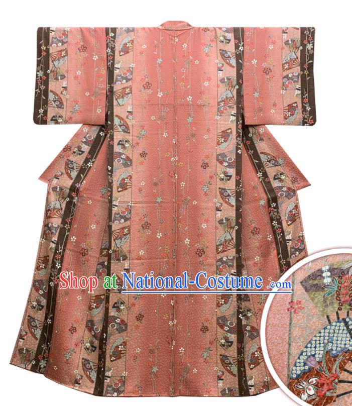 Japan Classical Sakura Pattern Edo Komon Kimono Clothing Young Lady Garment Costume Traditional Pink Yukata Dress