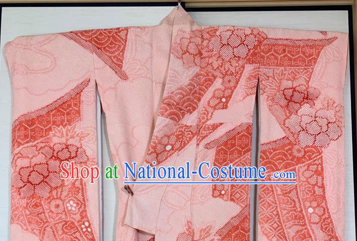 Japan Classical Peony Pattern Furisode Kimono Clothing Wedding Bride Garment Costume Traditional Geisha Pink Yukata Dress