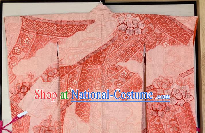 Japan Classical Peony Pattern Furisode Kimono Clothing Wedding Bride Garment Costume Traditional Geisha Pink Yukata Dress