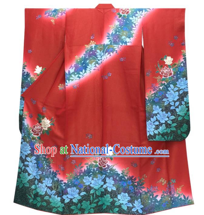 Japan Classical Roses Pattern Furisode Kimono Clothing Bride Garment Costume Traditional Wedding Red Yukata Dress