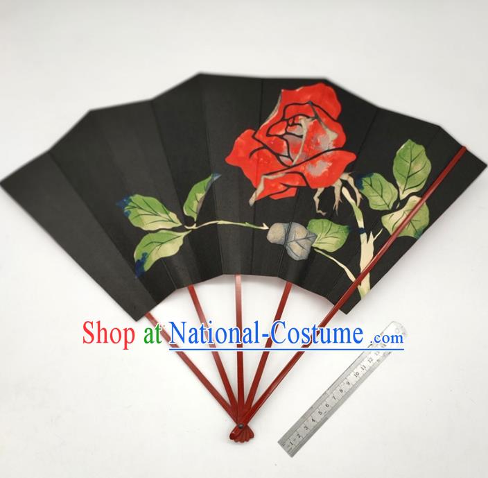 Japanese Traditional Stage Performance Folding Fan Classical Dance Accordion Hand Painting Rose Black Silk Fan