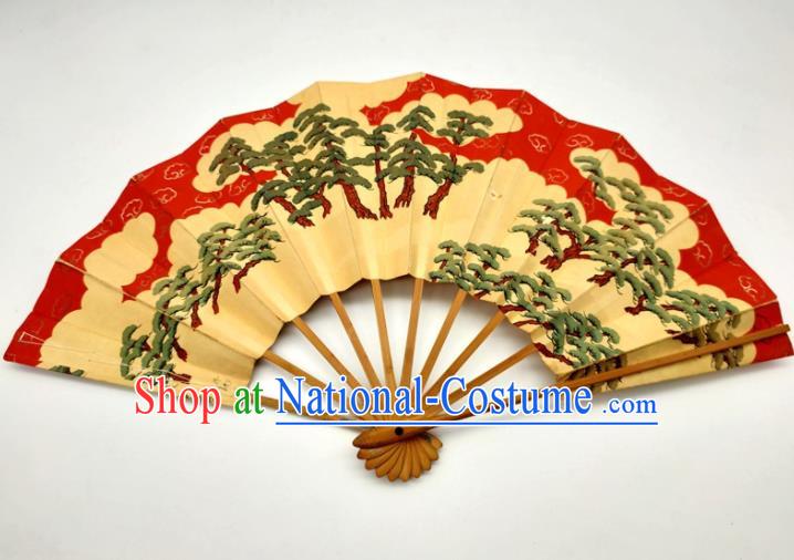 Japanese Handmade Printing Pine Red Fan Traditional Geisha Dance Folding Fan Stage Performance Accordion