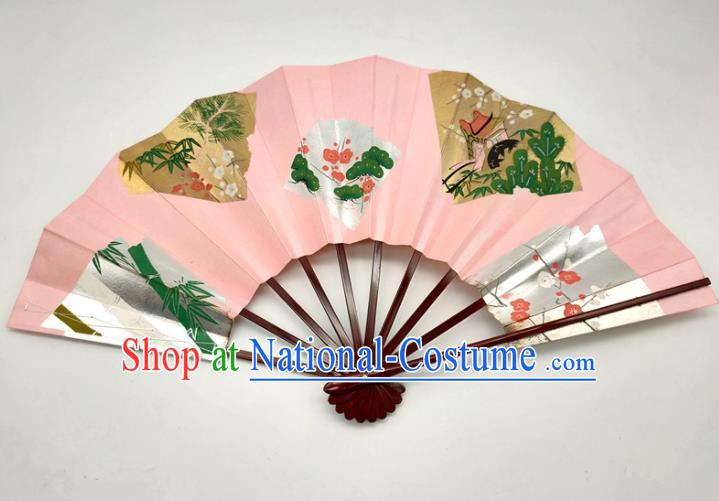 Japanese Stage Performance Accordion Handmade Printing Plum Bamboo Pink Fan Traditional Geisha Dance Folding Fan