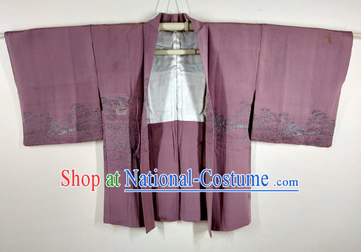 Japanese Classical Landscape Pattern Lilac Silk Overcoat Apparel Male Haori Jacket Clothing Traditional Kimono Outer Garment