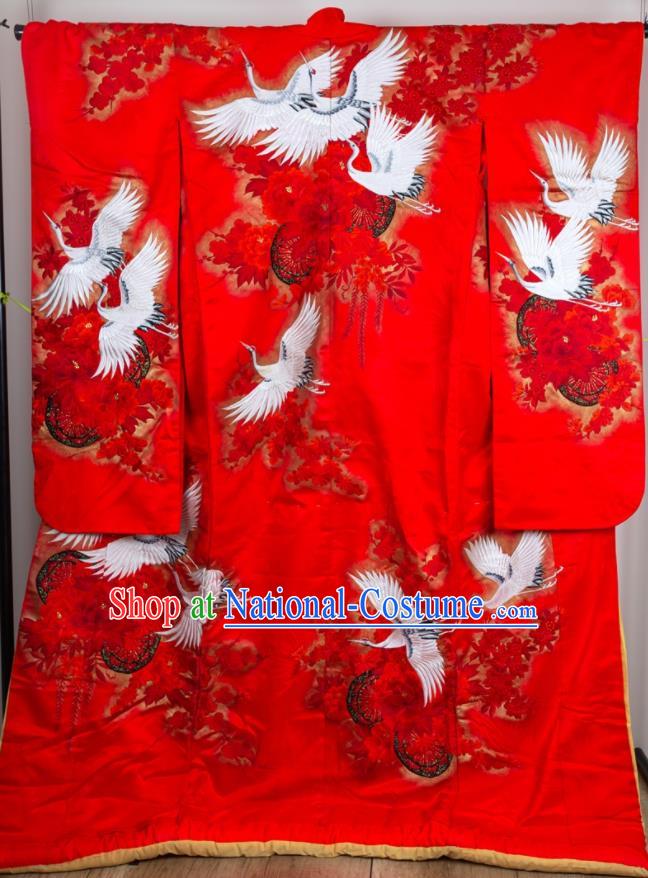 Japan Bride Embroidered Garment Costume Traditional Wedding Red Yukata Dress Classical Cranes Pattern Uchikake Kimono Clothing