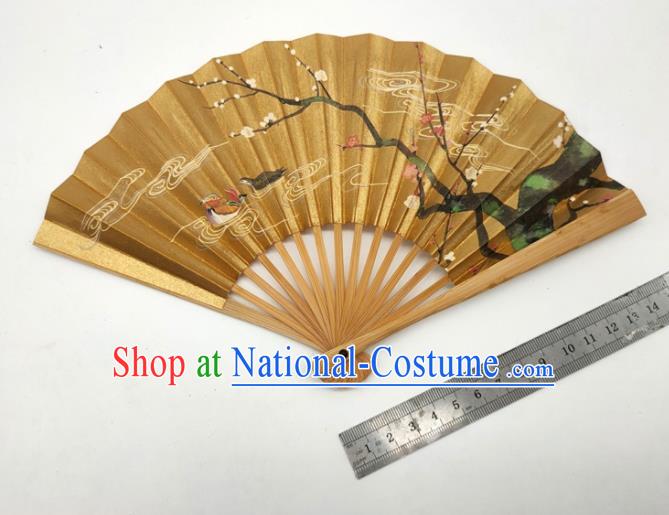 Japanese Hand Painting Plum Blossom Fan Traditional Stage Performance Golden Folding Fan Classical Dance Accordion