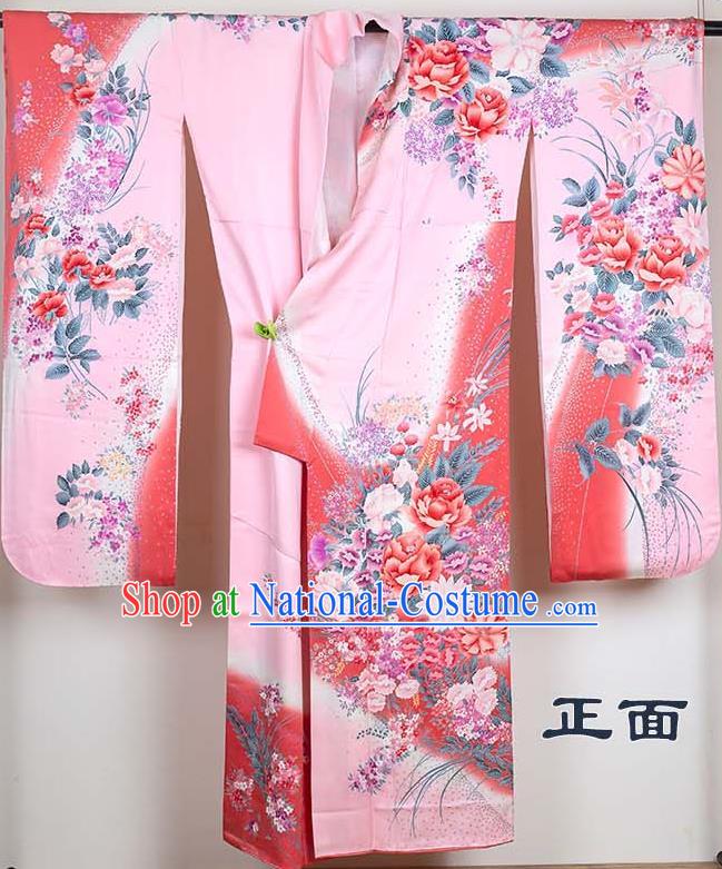 Japan Young Woman Garment Costume Traditional Pink Silk Yukata Dress Classical Peony Fan Pattern Furisode Kimono Clothing